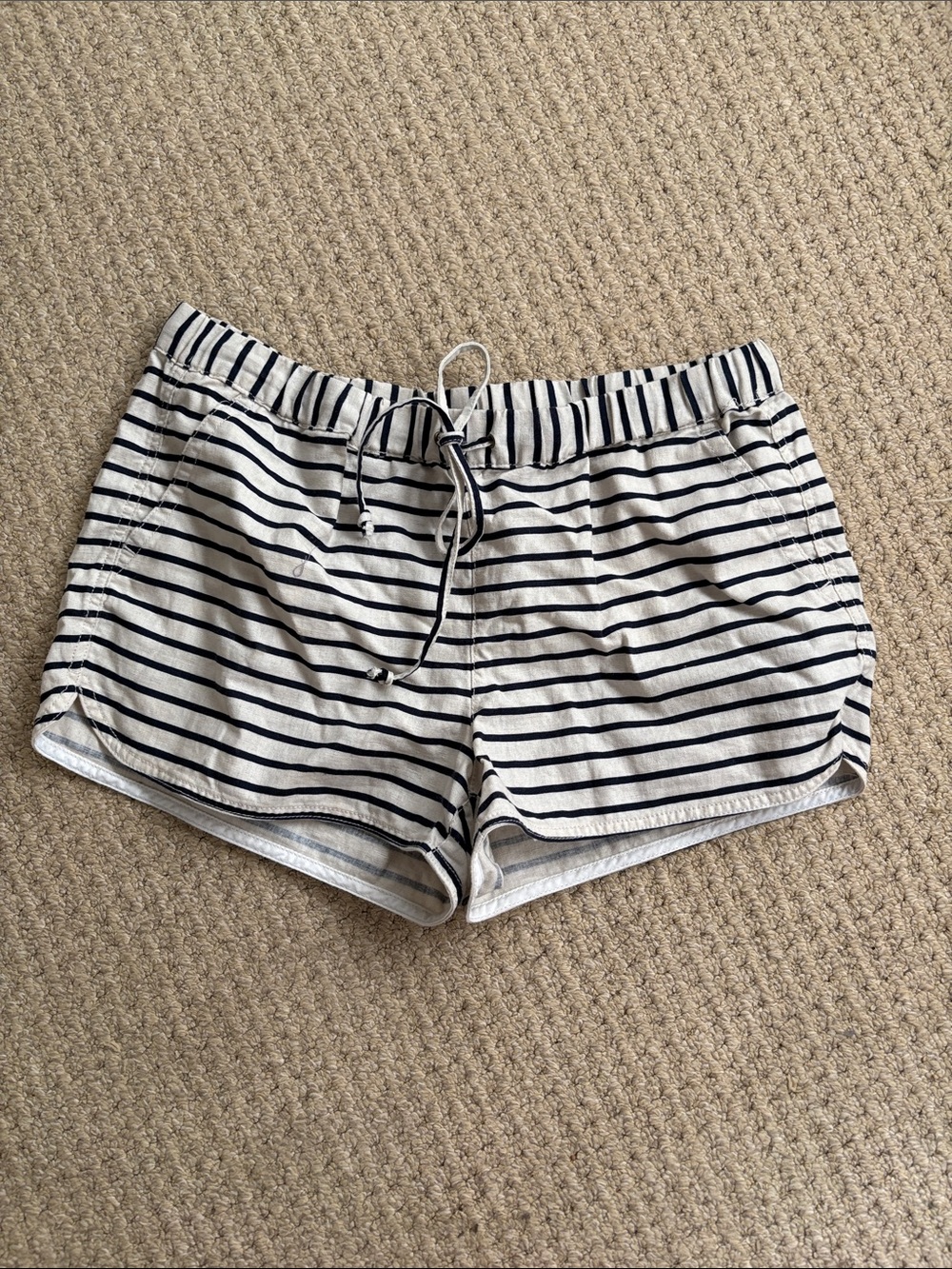 J. Crew Navy Stripe Linen Blend Shorts Elastic Drawstring Waist